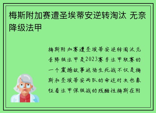 梅斯附加赛遭圣埃蒂安逆转淘汰 无奈降级法甲 梅斯附加赛遭圣埃蒂安逆转淘汰 无奈降级法甲