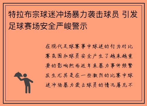 特拉布宗球迷冲场暴力袭击球员 引发足球赛场安全严峻警示 特拉布宗球迷冲场暴力袭击球员 引发足球赛场安全严峻警示